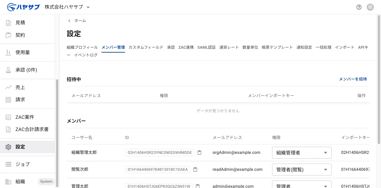 メンバー管理タブ。右上に「メンバーを招待」ボタンがある