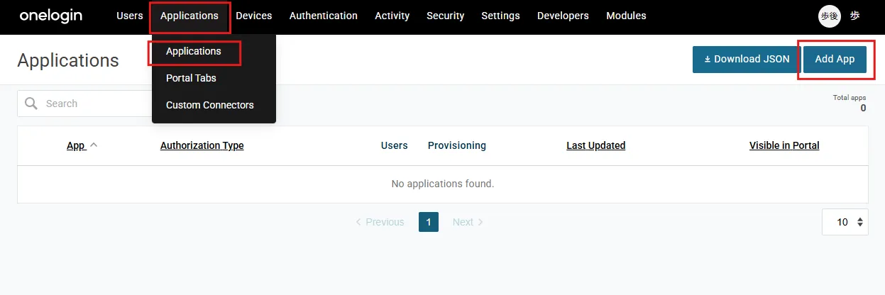 OneLoginのApplications画面でAdd Appボタンをクリックする手順