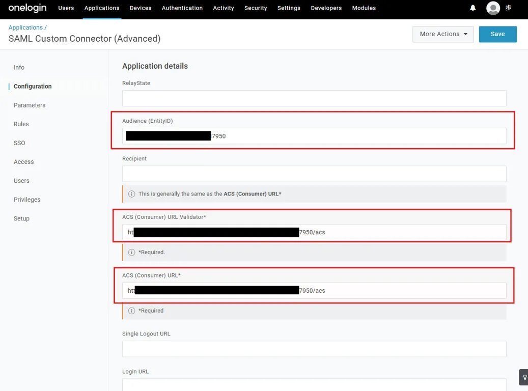 OneLoginのConfiguration画面でAudience (EntityID)・ACS (Consumer) URL Validator・ACS (Consumer) URLを設定している画面