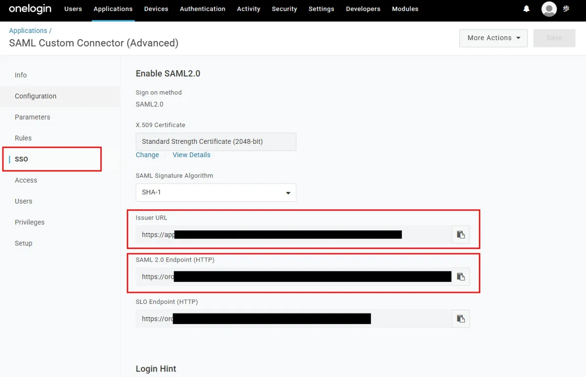 OneLoginのSSO画面でIssuer URLとSAML 2.0 Endpoint (HTTP)を確認する画面