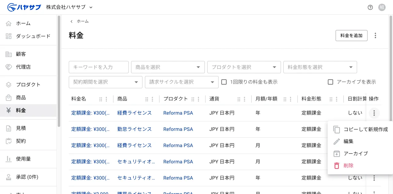 操作メニューが開き「コピーして新規作成」「編集」「アーカイブ」「削除」が表示されている