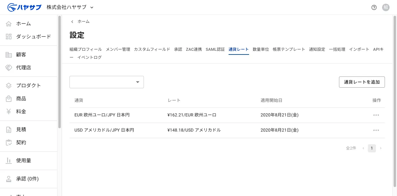 通貨レート一覧画面。右上に「通貨レートを追加」ボタンがある