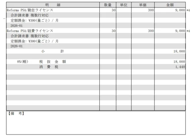 ZACから出力される合計請求書の表示イメージ